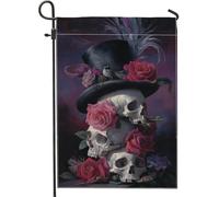 Elegante bandiera da giardino con teschi di rose, bandiera floreale viola scuro per la decorazione della casa, bandiera da cortile in iuta su entrambi i lati, per Halloween, decorazione esterna 30,5 x