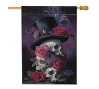 Elegante bandiera da giardino con teschi e rose, bandiera floreale viola scuro per la decorazione della casa, bandiera da cortile in iuta su entrambi i lati per Halloween decorazione esterna 71 x 101
