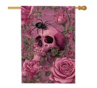 Elegante bandiera da giardino con teschio di pesca e rose, decorazione floreale gotica per Halloween e autunno, decorazione per esterni, bandiera da giardino in iuta su entrambi i lati, 71 x 101 cm