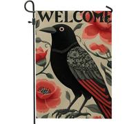 Elegante bandiera da giardino con uccelli neri, striscione floreale rosso per la casa, decorazione per esterni in iuta su entrambi i lati per primavera, saluto di benvenuto per tutte le occasioni