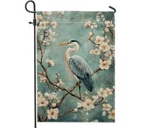 Elegante bandiera da giardino d'airone decorazione per uccelli blu per primavera ed estate, opere d'arte floreali per la decorazione di prato all'aperto, banner in tela bifacciale per il