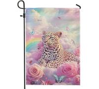 Elegante bandiera da giardino leopardata, decorazione per la casa con animali viola pastello, striscione per prato all'aperto primaverile estate, design floreale a farfalla su entrambi i lati per