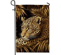 Elegante bandiera da giardino leopardata, motivo gatto selvatico dorato, per interni ed esterni, decorazione per la casa, bandiera su entrambi i lati, decorazione stagionale per gli amanti della fauna