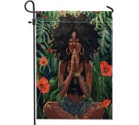 Elegante bandiera da giardino per meditazione, foglie di fiori afro donna arte, verde rosso, decorazione da cortile all'aperto per tutte le stagioni 30,5 x 45,7 cm