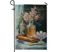 Elegante bandiera vintage da giardino, bottiglie di farmacia ambra, decorazione floreale per la casa, bandiera da cortile in iuta su entrambi i lati, decorazione per esterni 30,5 x 45,7 cm