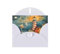 Elegante biglietto di auguri con stampa di faro sul mare con buste, ringraziamento, compleanni, Natale, San Valentino