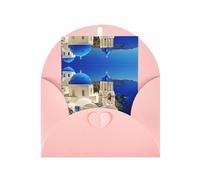 Elegante biglietto di auguri rosa Santorini con stampa vista mare con busta abbinata - design benedetto bianco per compleanno, matrimonio