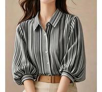Elegante blusa a righe nere con maniche a lanterna per donne, top versatile a maniche corte per pendolari, taglio casual estivo L,M,S,XLA striscePoliestere
