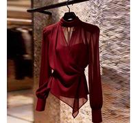 Elegante blusa in chiffon con colletto alto e laccio frontale per donne, adatta per il pendolarismo e gli appuntamenti L,M,S,XLColore unicoTessuto in maglia,Tessuto intrecciato