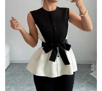 Elegante blusa senza maniche con vita annodatain color block e arricciature L,M,S,XLBlocchi di colore,Colore unicoTessuto intrecciato