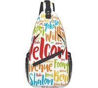 Elegante borsa a tracolla per il petto Nuvola di parole di benvenuto multilingue in diverse lingue Wordcloud internazionale, zaino a tracolla Borsa a tracolla regolabile Zaino casual leggero per uomo