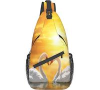 Elegante Borsa a Tracolla sul Petto Coppia Innamorata Cigno Bianco a Forma di Cuore Sul Lago Tramonto, Zaino a Tracolla Borsa sul Petto Regolabile Leggero Zainetto Casual per Uomo Donna Sport all'Aria