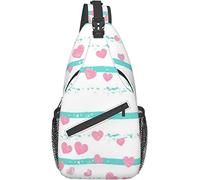 Elegante borsa a tracolla sul petto Cuori rosa glitterati Coriandoli su strisce turchesi, zaino a tracolla Borsa a tracolla regolabile Zaino casual leggero per uomo Donna Sport all'aria aperta Bicicle