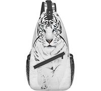 Elegante borsa a tracolla sul petto Foresta invernale coperta da neve pesante, una tigre bianca che cammina sulla pianura, zaino a tracolla Borsa a tracolla regolabile Leggero zaino casual per uomo Do