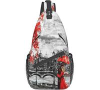 Elegante borsa a tracolla sul petto Londra Big Ben City Landscape Strada europea Rosso Nero Foglia d'acero romantica, Zaino a tracolla Borsa a tracolla regolabile Leggero Zaino casual per uomo Donna