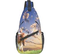 Elegante borsa a tracolla sul petto Longhorn Fotografia di mucca femmina al pascolo all'alba con stampa di paesaggi con cielo nuvoloso, zaino a tracolla a tracolla Borsa sul petto regolabile Zaino cas