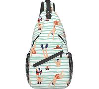 Elegante borsa a tracolla sul petto Modello estivo Persone che nuotano nel mare Illustrazione con nuotatori, Zaino a tracolla Borsa a tracolla regolabile Zaino casual leggero per uomo Donna all'aperto