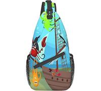 Elegante borsa a tracolla sul petto Nave dei cartoni animati sotto il mare Animali marini scoperti Scrigno del tesoro Avventura marina, Zaino a tracolla Borsa a tracolla regolabile Leggero Zaino casua