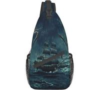 Elegante Borsa a Tracolla sul Petto Nave Pirata Tempestosa Pioggia Onde Pirata Nave Vintage Vela Pittura ad Olio, Zaino a Tracolla Borsa sul Petto Regolabile Leggero Zainetto Casual per Uomo Donna