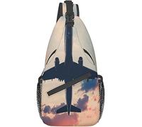 Elegante borsa a tracolla sul petto Rosso Rosa Aviazione Aereo sul cielo al tramonto Aereo Jet Scenic Aereo commerciale Aereo di linea Design, Zaino a tracolla a tracolla Borsa a tracolla leggera Zain