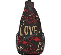 Elegante borsa a tracolla sul petto San Valentino Simpatico cuore rosso con ali Freccia Stelle dorate e amore, Zaino a tracolla Borsa a tracolla regolabile Zaino casual leggero per uomo Donna Sport al