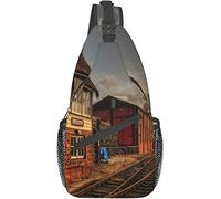 Elegante borsa a tracolla sul petto Vecchio binario del treno Stazione ferroviaria d'epoca Locomotiva Rail House Wild West, Zaino a tracolla Borsa a tracolla regolabile Leggero Zaino casual per uomo D