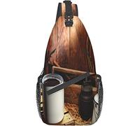 Elegante borsa a tracolla sul petto Western Old American West Tazza da caffè smaltata e pentola vintage con tradizionali strumenti da lavoro da cowboy, zaino a tracolla Borsa leggera sul petto Zaino c