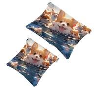 Elegante borsa da trucco per donne in viaggio, 2 pezzi, motivo cartone animato corgi-1451, Multicolore, A：7.1x5.8in/18x14.8cm，B:4.7x4.5in/12x11.5cm