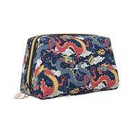 Elegante borsa da viaggio in pelle per cosmetici, draghi blu e rossi che combattono tra le nuvole Borsa per trucco impermeabile Borsa da toilette Borsa organizer con cerniera per gioielli da donna Co