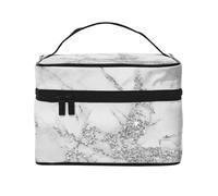Elegante borsa da viaggio per il trucco da donna, in marmo bianco, grigio, argento e glitter, grande organizer per cosmetici.