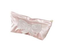 Elegante borsa per cosmetici con fiocco rosa scintillante per riporre trucchi organizer da viaggio in tessuto satinato donne ragazze elegante stampa fiocco sacchetto di immagazzinaggio, Multicolore, M