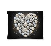 Elegante borsa per il trucco a forma di cuore, elegante astuccio da viaggio per cosmetici, con perle e pietre preziose, organizer portatile con cerniera, nero, 7x9 Inch, Cuore