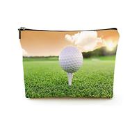 Elegante borsa per il trucco Borsa per cosmetici da viaggio in lino da donna Borsa per organizer per trucco durevole, pallina da golf sull'erba verde al tramonto, per donne/uomini