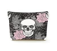 Elegante borsa per il trucco Borsa per cosmetici da viaggio in lino da donna Borsa per organizer per trucco durevole, fiori e teschio su sfondo nero, per donna/uomo