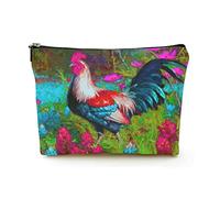 Elegante borsa per il trucco Borsa per cosmetici da viaggio in lino da donna Borsa per organizer per trucchi durevole, dipinto di pollo su sfondo floreale, per donne/uomini