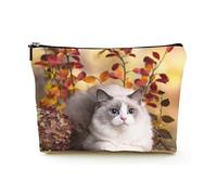 Elegante borsa per il trucco Borsa per cosmetici da viaggio in lino da donna Borsa per organizer per trucco durevole, gattino nel parco autunnale e fiori rosa, per donne/uomini