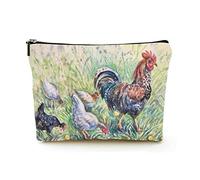 Elegante borsa per il trucco Borsa per cosmetici da viaggio in lino da donna Borsa per organizer per trucco durevole, gallo e pulcino disegnati a mano, per donne/uomini