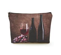 Elegante borsa per il trucco Borsa per cosmetici da viaggio in lino da donna Borsa per organizer per trucco durevole, due bottiglie di vino su un tavolo di legno, per donna/uomo
