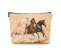 Elegante borsa per il trucco Borsa per cosmetici da viaggio in lino da donna Borsa per organizer per trucco durevole, corsa a tre cavalli nella tempesta di sabbia del deserto, per donne/uomini