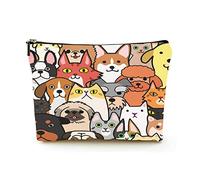 Elegante borsa per il trucco Borsa per cosmetici da viaggio in lino da donna Borsa per organizer per trucchi durevole, doodle cani e gatti volti sfondo colorato, per donne/uomini