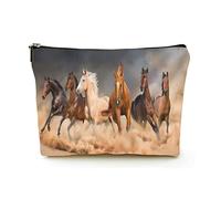 Elegante borsa per il trucco Borse per cosmetici da viaggio in lino da donna Borsa per organizer per trucco durevole, mandria di cavalli che corrono nella tempesta di sabbia del deserto, per donne/u