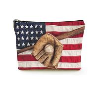 Elegante borsa per il trucco Borse per cosmetici da viaggio in lino da donna Borsa per organizer per trucco durevole, baseball vintage su una bandiera americana vintage, per donna/uomo