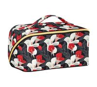 Elegante borsa per il trucco con calla e giglio etnico rosso nero progettato con divisori elegante capacità borsa cosmetica da viaggio con scomparti e maniglia