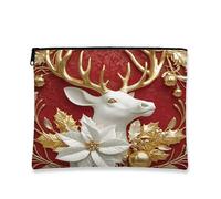 Elegante borsa per il trucco con cervo, borsa da viaggio per cosmetici da donna, organizer portatile in tela con cerniera, borsa da toilette natalizia per la cura della pelle, Rosso, 7x9 Inch, Cervo