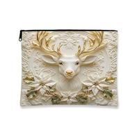Elegante borsa per il trucco con cervo, borsa da viaggio vintage floreale per donne, organizer portatile in tela con cerniera, borsa da toilette per la cura della pelle delle vacanze, bianco, 7x9 Inch