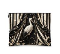 Elegante borsa per il trucco con cicogna, astuccio per cosmetici vintage floreale da donna, organizer portatile in tela con cerniera, borsa da toilette per la cura della pelle notturna, nero, 7x9 Inch