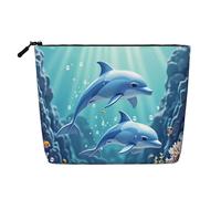 Elegante borsa per il trucco con delfini e balene, borsa cosmetica da viaggio di grandi dimensioni, organizer per articoli da toilette effetto lino resistente all'acqua con cerniera, borsa portaoggett