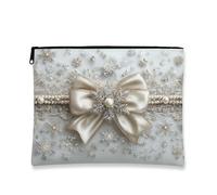 Elegante borsa per il trucco con fiocco, borsetta da viaggio per cosmetici da donna, piccola borsa portatile in tela con cerniera, organizer per articoli da toeletta invernali per le vacanze, bianco