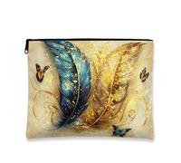 Elegante borsa per il trucco con piume, borsa da viaggio artistica per cosmetici, colore oro e blu, da donna, organizer portatile con cerniera, Blu, 7x9 Inch, Piuma