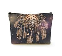 Elegante borsa per il trucco da donna in lino da viaggio per cosmetici Borsa per organizer per trucchi durevole, acchiappasogni con occhio magico e piume, per donne/uomini